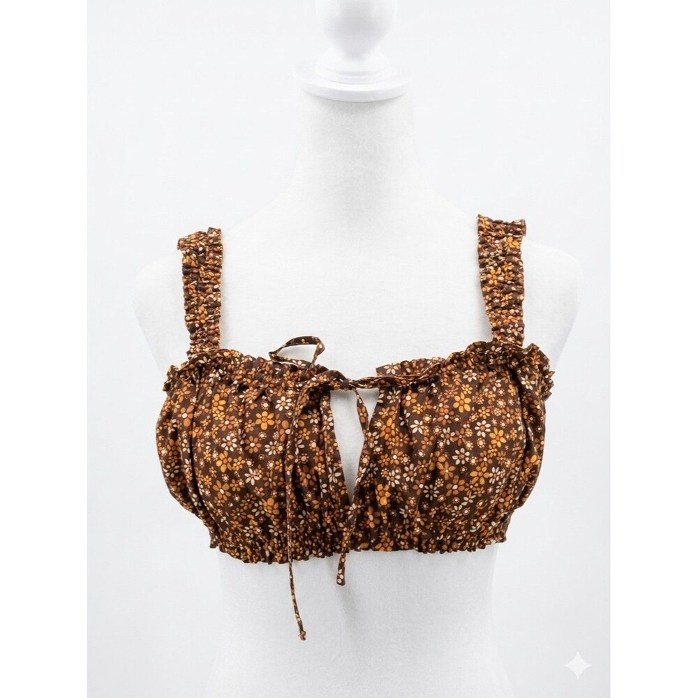 70's Style Brown And Floral Crop Top Stretch Festival Trendy